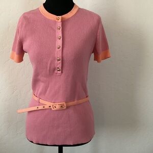 Jones New York Signature pink, sz M, short sleeve, pullover, belted knit top